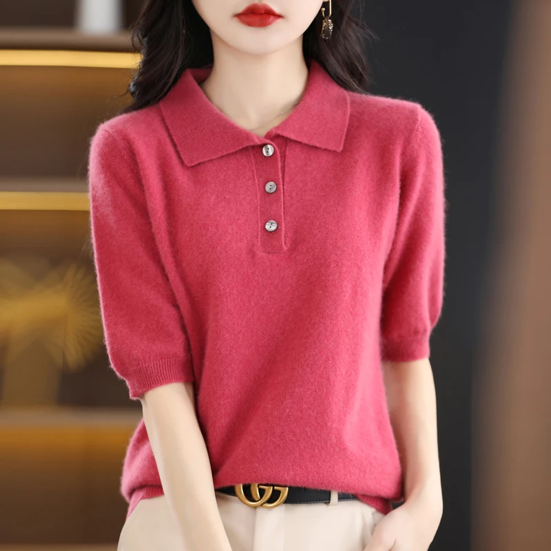 

Женская трикотажная футболка с коротким рукавом, рубашка-поло из 2023 чистой шерсти, корейский стиль, весна-лето 100%