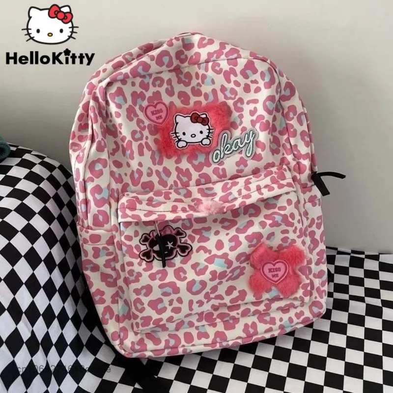 Sanrio Hello Kitty Y2K Fashion Backpack Sister Cute Pink Leopard Print Schoolbag Sweet Cartoon Animation Zipper Student Bag Girl
