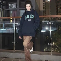 autumn and winter new loose simple hooded letter printing casual all match plus velvet thick thick warm korean style sweater