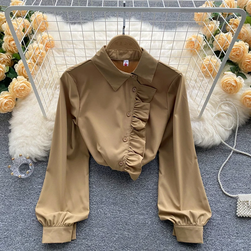 

D271 Женская Новинка Весна 2022 модная Асимметричная Свободная рубашка Топ с длинным рукавом Mujer однотонная блузка