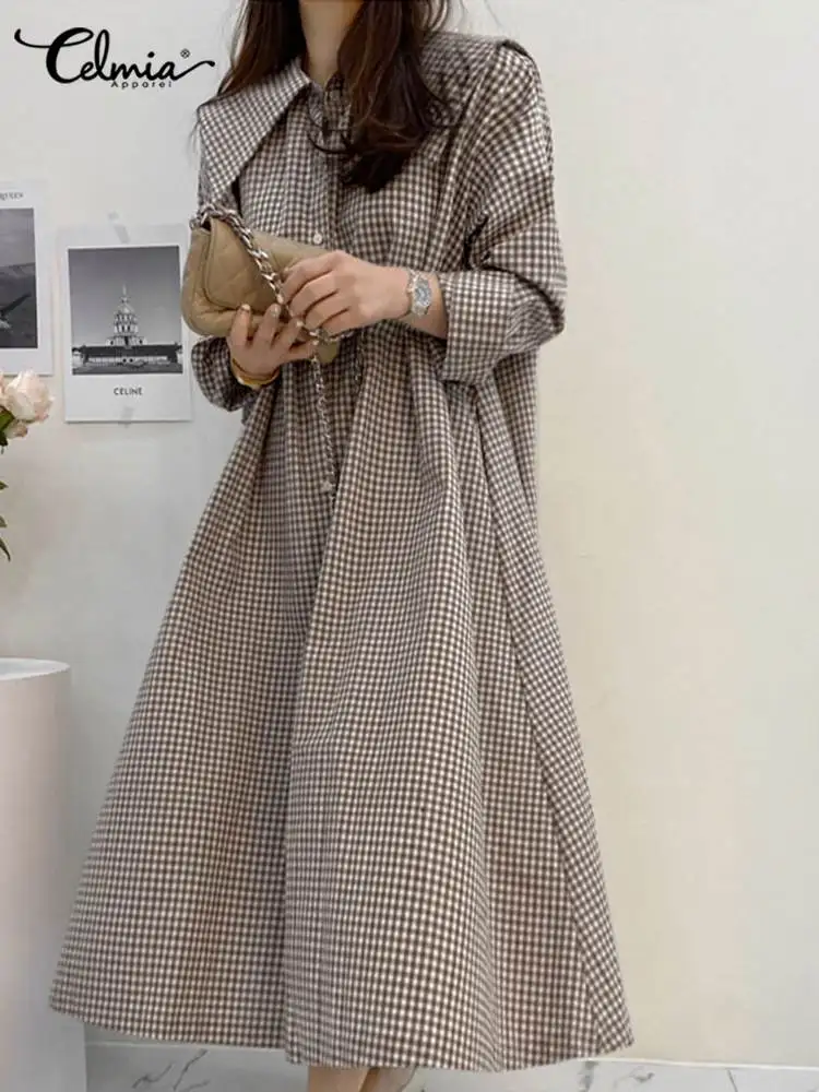 

Celmia Peter Pan Collar Buttons Up Sundress Sweet Casual Women Elegant A Line Vestidos Long Sleeve Plaid Korean Style Midi Dress