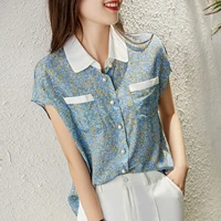 shirt womens short sleeved summer 2021 new blue shirt korean loose printed chiffon shirt top tops sleeveless
