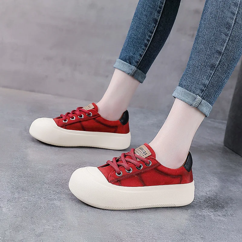Autuspin 2023 Solid Color Cow Leather Women Sneakers Casual Flat Platform Ladies Four Season Lace-Up Shoes Outdoor Size 35-40