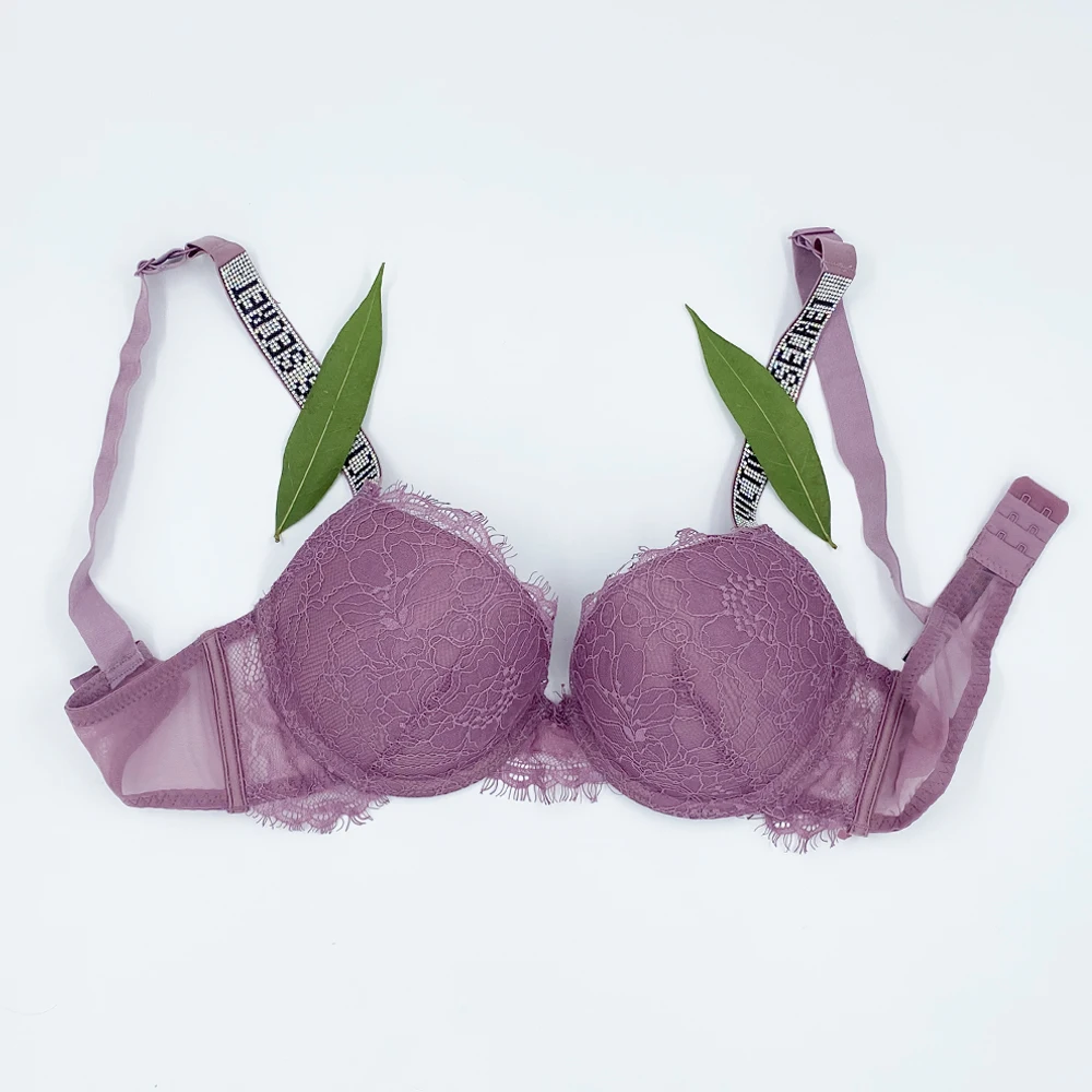 wholesale Women Push Up Bra Sexy VS Letter Rhinestones Lace Lingerie Bralette Womens Backless Intimates Pink Underwear lingerie