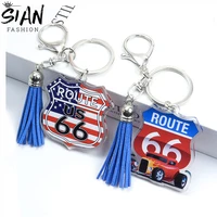 classic us route 66 leather tassel acrylic keychains holder double sided pendant keyrings key chains handmade jewelry wholesale