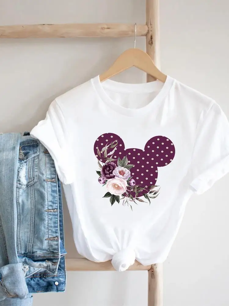 

Tee Top Clothing Women Female Clothes Short Sleeve Printed Sweet Flower 90s Fashion Mouse Ear Lady Casual Graphic T-shirts