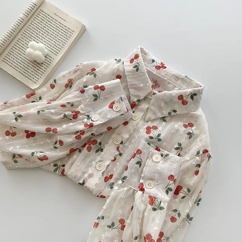

Women Blouse Spring Long Sleeve Lace Cherry Stand Collar Loose-Fitting Shirt Coat Top Blusas Ropa De Mujer Cute Ladies Top K16