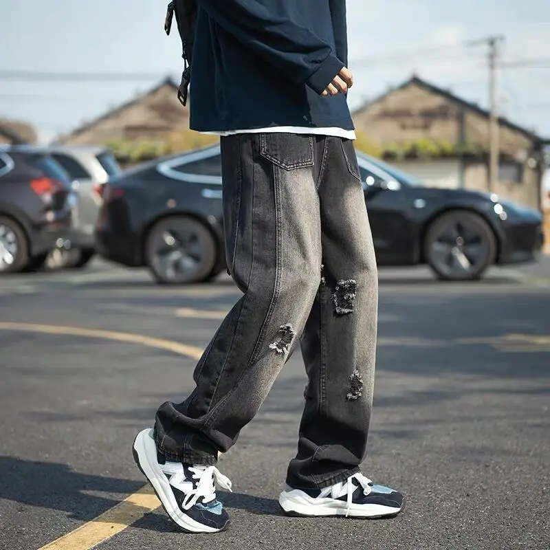 DEEPTOWN Vintage Ripped Jeans Men Retro Fashion Hole Denim Pants Hip Hop Punk Trousers Male Streetwear Loose Casual Straight 3XL