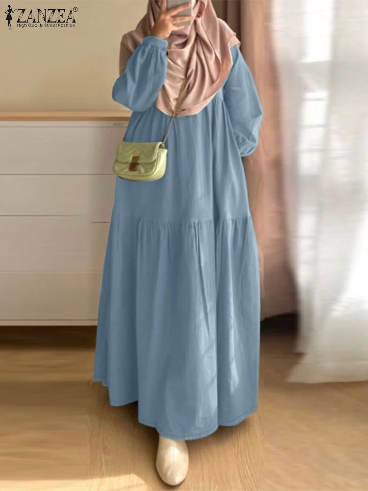 ZANZEA винтажное женское однотонное платье с длинными рукавами осеннее