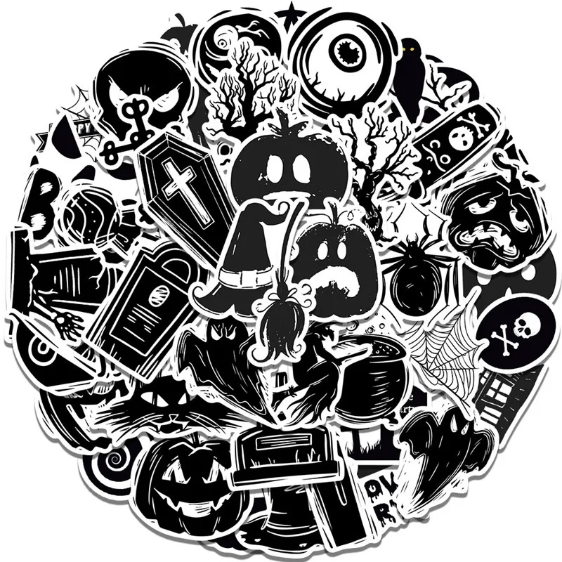 

50pcs Halloween Series Stickers Aesthetic Kawaii Doll Black And White Waterproof PVC Stickers Decals Helmet Skateboard Guitar