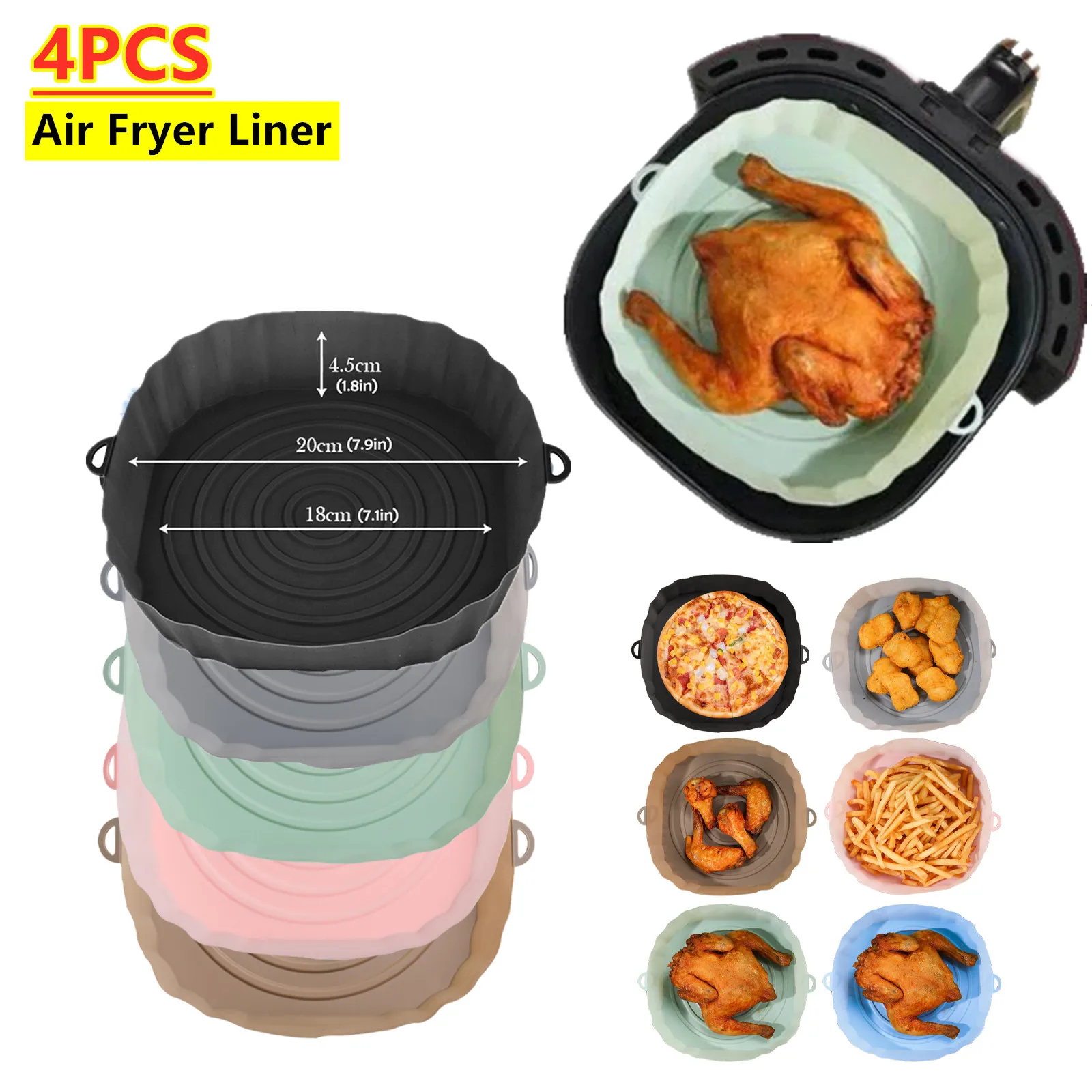 

4pcs Silicone Air Fryers Oven Baking Tray Fried Chicken Pizza Basket Tray Round Reusable Grill Pan Liner air fryer Accessories