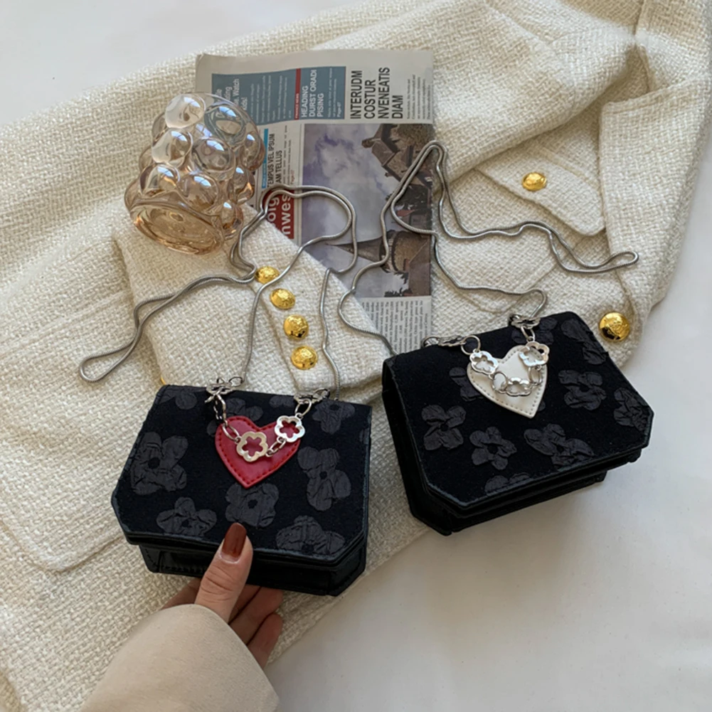 

New Vintage Chain Women Mini Crossbody Bags Casual Canvas Heart Pattern Lady Shoulder Bags Female Small Messenger Bags Handbags