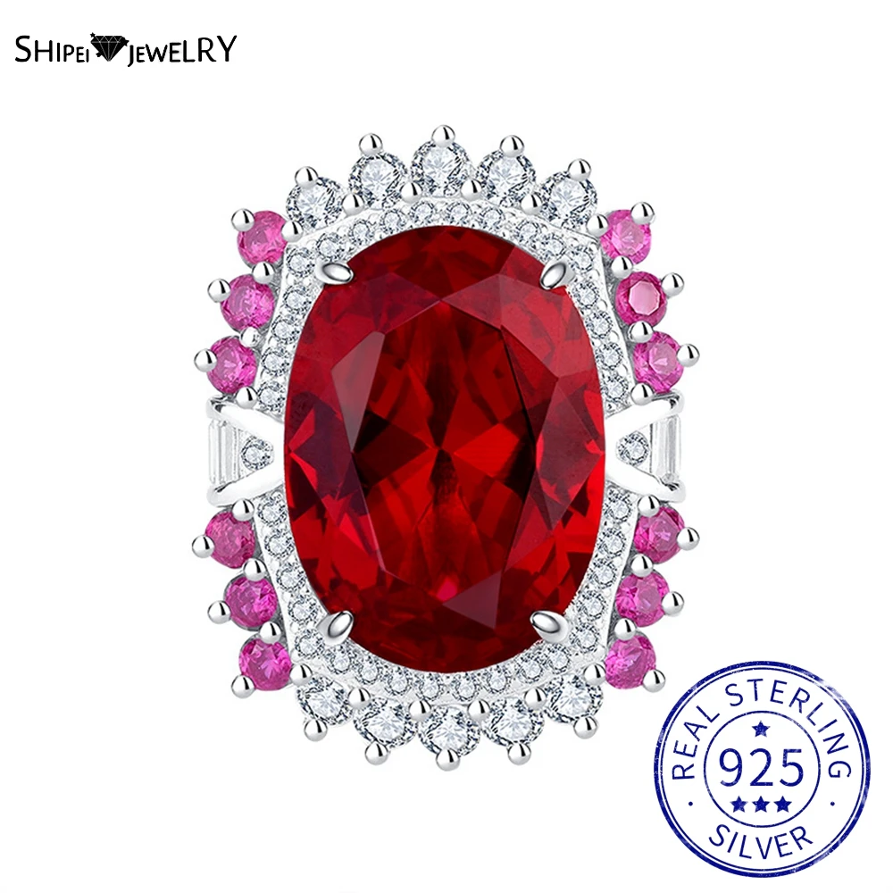 

Shipei 925 Sterling Silver 13*18 MM Oval Created Moissanite Ruby Sapphire Gemstone Vintage Cocktail Ring For Women Fine Jewelry