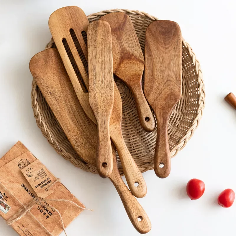 

Teak Natural Wood Tableware Long Handle SpatulaTurner Non Stick Cooking Utensils Wooden Spatula Slotted Set Kitchen Tool Kit