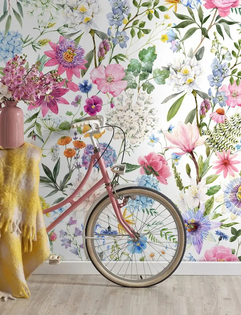 

Summer Floral Wallpaper Peel and Stick | Watercolor Botanical Little Flower Wall Mural