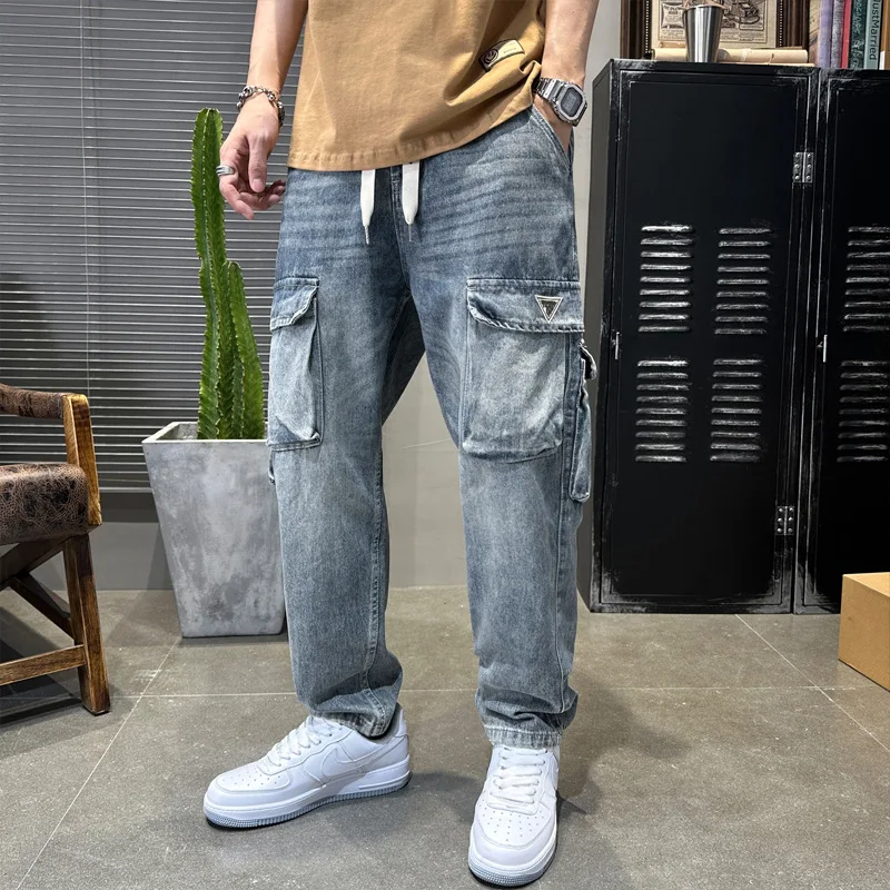 Fashion Designer Men Jeans Loose Fit Retro Blue Multi Pockets Casual Wear Denim Harem Pants Hombre Street Hip Hop Wide Leg Jeans