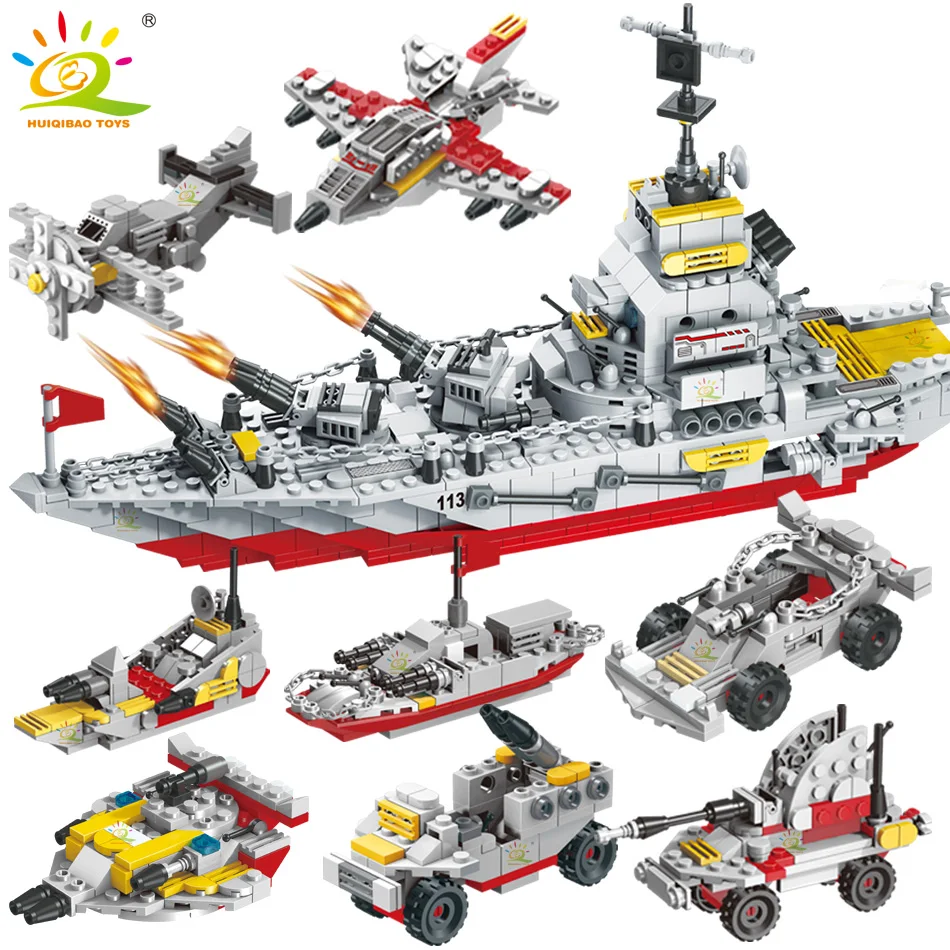 

HUIQIBAO Military 910pcs 8 IN 1 Army Ocean Cruiser Warship Building Blocks Aircraft Weapon Ship Bricks City Toys for Children