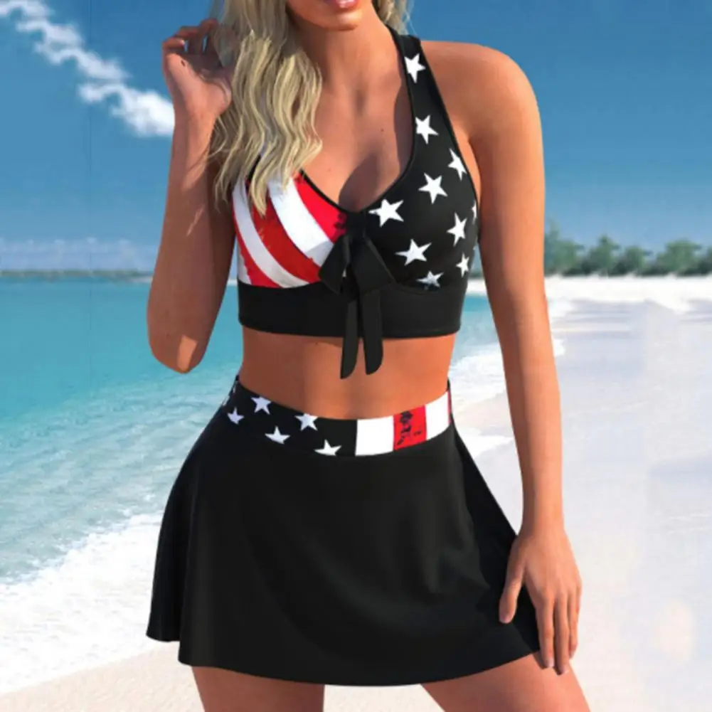 

2 Pcs/Set Swimwear Women Bikini Set Padded Bow-knot Decor Digital Print Contrast Color Conservative Bathing Suit Women Push Up