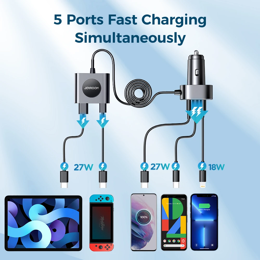 joyroom 5 in 1 fast car charger 72w usb c car charger pd 3 0 qc 4 0 3 0 pps 25w type c multi car charger adapter with 1 5m cable free global shipping