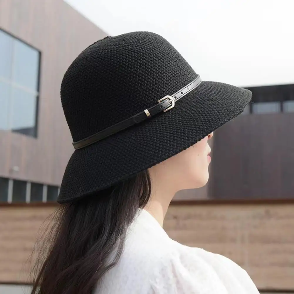 

Women Sun Hat Wide Brim Breathable Round Comfortable Sun Protection Bucket Hat Belt Decor Fisherman Hat for Street Wear