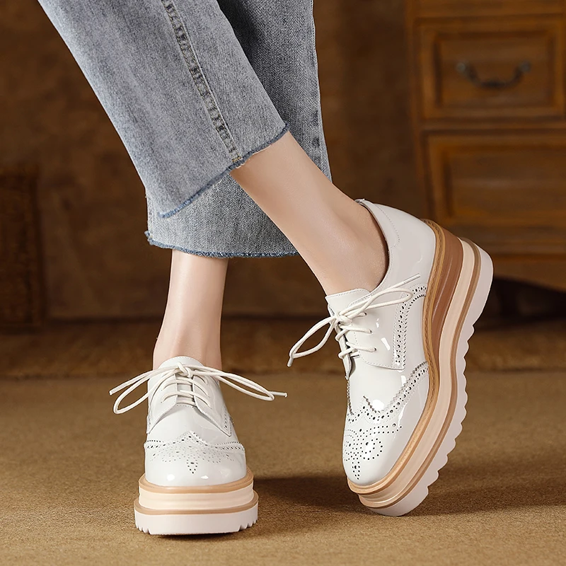 

Spring Autumn Women Derby Platform Flats Brogue Cow Leather Lace Up Classic Bullock Footwear Female Wedges Oxford Shoes Lady New