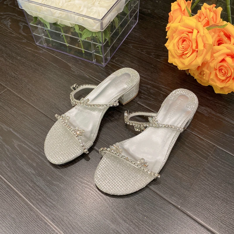 

Fashion Women Slippers 2022 New Arrivals Rhinestone Chain Silver Slides Flat Heeled Summer Outdoor Slides Slippers Dress Shoes