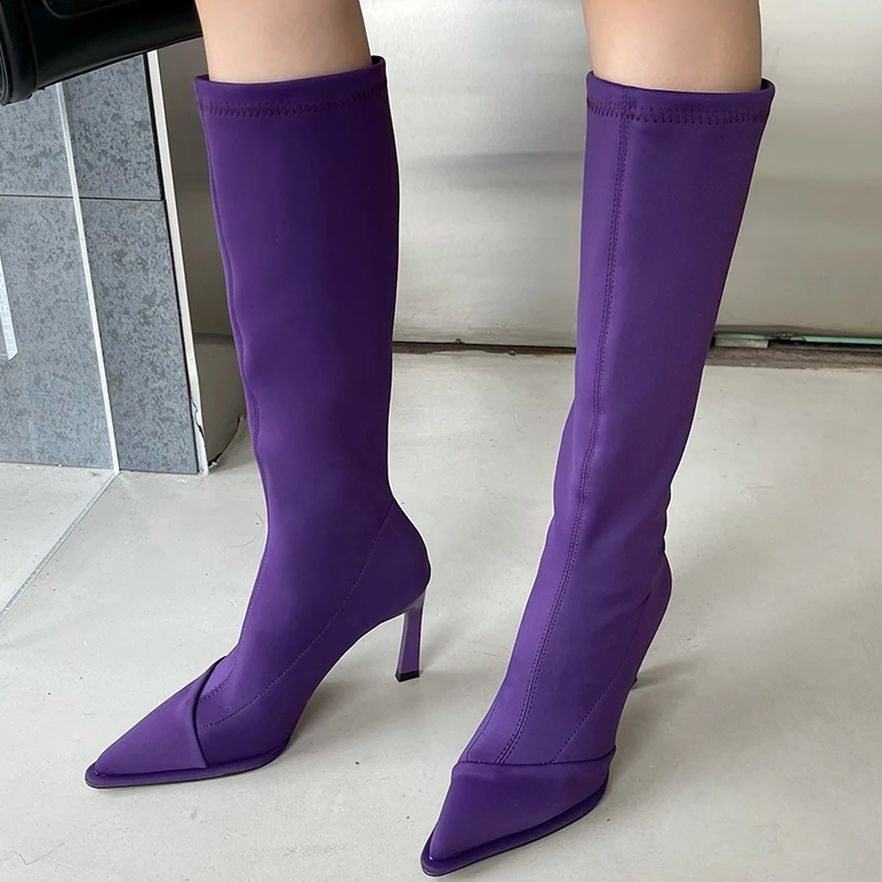 

Thin Heels Stretch Sock Boots 2022 New Autumn Knee High Pointed Toe Fashion Western Pumps Rubber Female Shoes Sexy