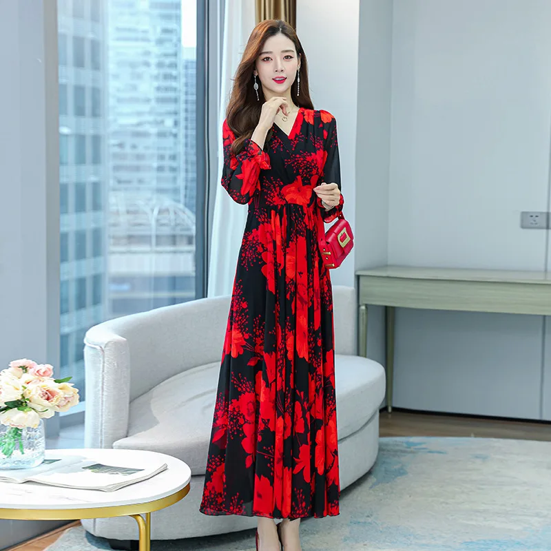 Muslim Floral Chiffon Long Sleeve Maxi Dress Spring Autumn New V-Neck Elegant  Dress 2023  muslim dress women  فستان