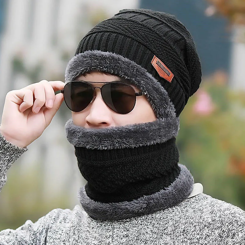 

Men and Women Winter Knitting Fried Dough Twists Pattern Bib Triangle Hat Thermal Cover Hat Plush Thickened Wool Hat 2-piece Set