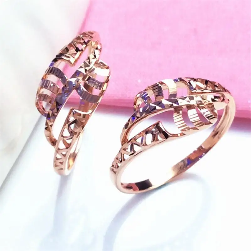 

585 Purple Gold Plated 14K Rose Gold Foliage Hollow Sparkling Rings for Women Adjustable Elegant Fresh Engagement Jewelry