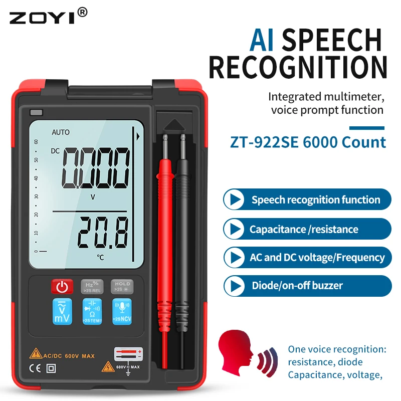 

Цифровой мультиметр ZOYI, стандартное распознавание голоса, 6000 отсчетов, переменный/постоянный ток, Ом, емкость, температура NCV, Гц, Автоматический диапазон, TRMS, мультитестер
