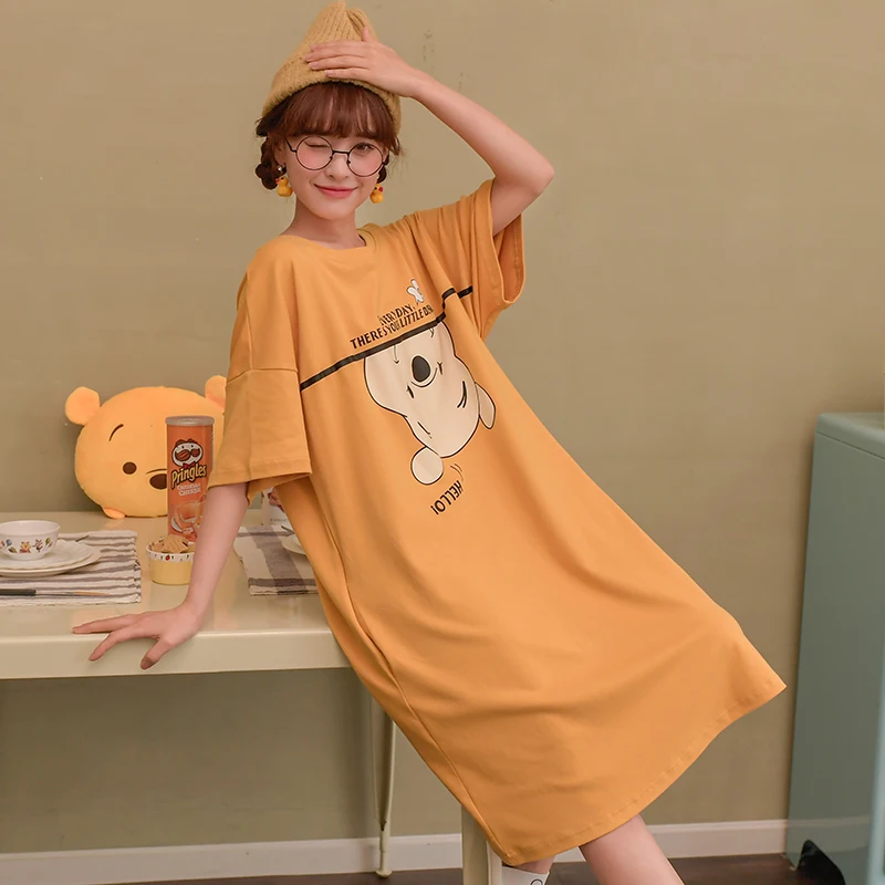 Disney Loose Female 100% Cotton Nightgown Lady Casual Cute Kawaii Night Dress Women Nighties Short Sleeve Nightwear Sleepshirts