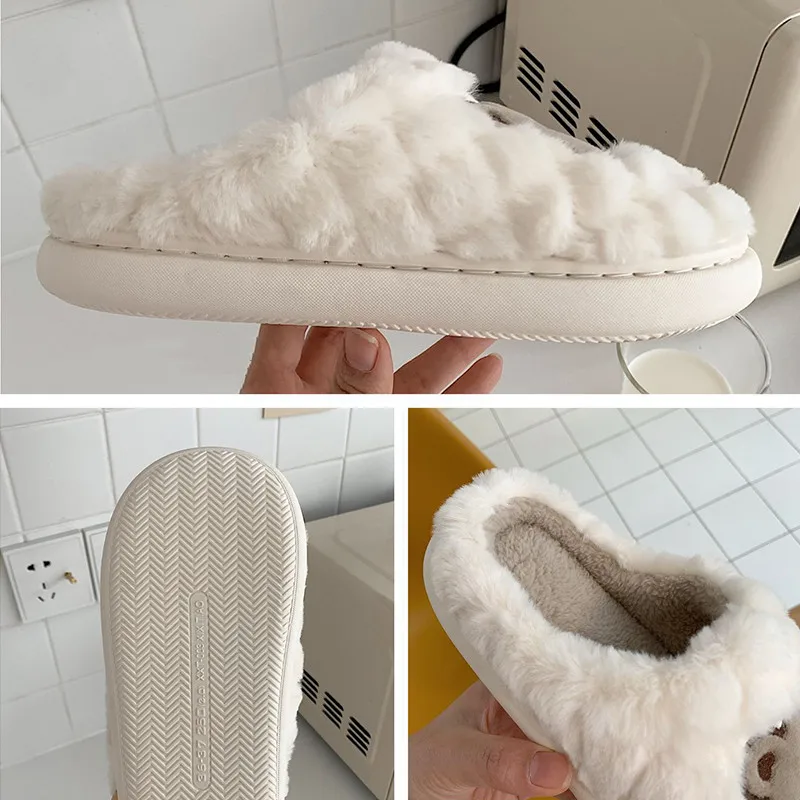 Cartoon Cute Bear Slippers Winter Warm Indoor Animal Plush Women's Flat Bottom Cartoon Kawaii Fluffy Girls Home Cotton Slippers