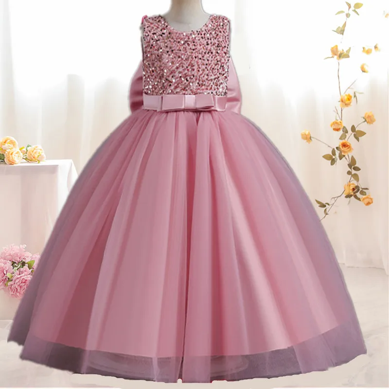 Pink Bridesmaid Flower Girl Dress for Wedding Party Elegant Girl Sequin V-back Bow Long Gown 5-14T Children Formal Gala Clothes