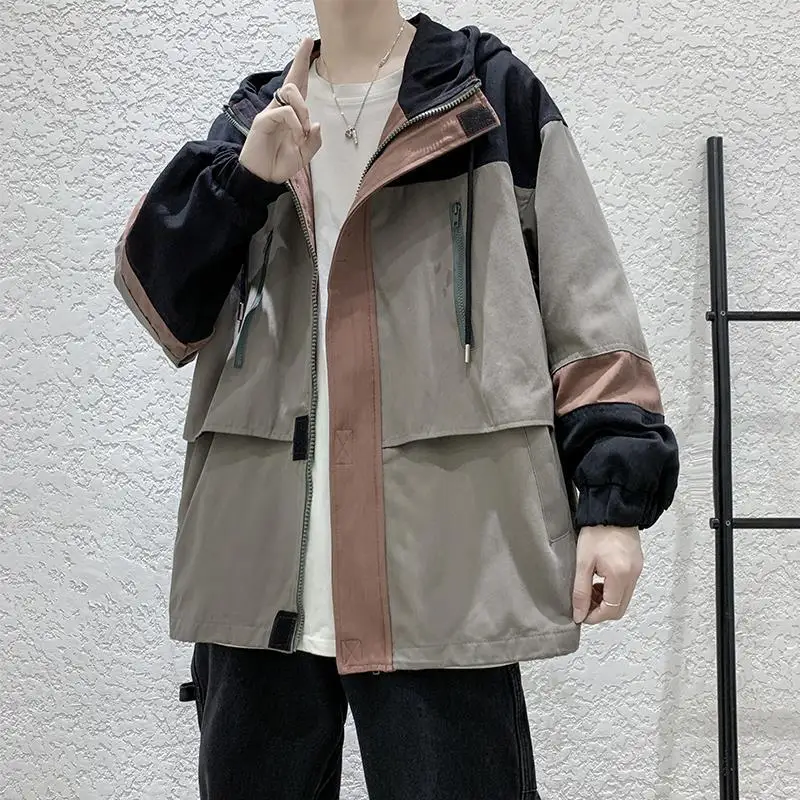 

New Men's Workwear Coat Cotton Jacket Colorblock Trend Top Loose Casual Simple Windbreaker College Style Gown