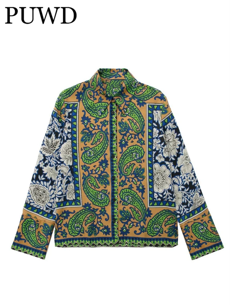 

PUWD Women Long Sleeve Straight V Neck Blouse 2022 Spring Fashion Ladies Chinese Style Shirt Female Vintage Printed Suits