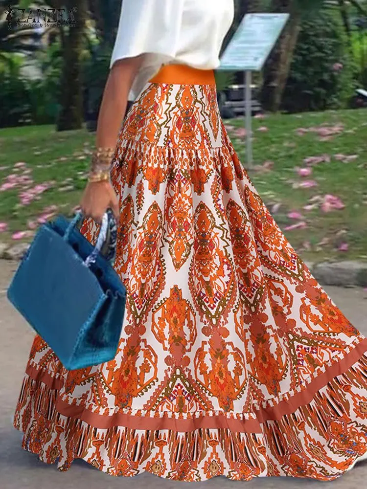 

ZANZEA Casual Bohemian Skirt High Waist Pleated Tiered Jupes Paisley Print Summer Maxi Skirt Holiday Women A-line Loose Faldas