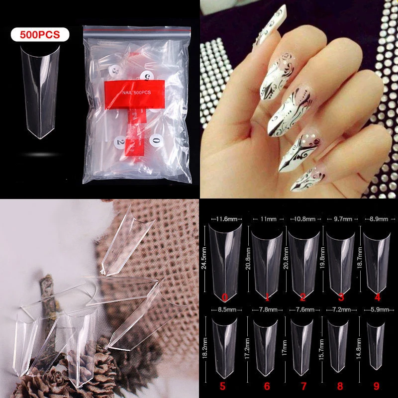 

500pcs Special Type Full Cover Press On Stiletto Nail Tips Fake Nails Clear Nautral False Nails Artificial Nail Art N9073