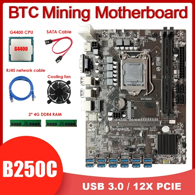 

HOT-B250C 12USB3.0 (PCIE 1X) LGA1151 BTC Mining Motherboard+G4400 CPU+CPU Fan+2X4G DDR4 RAM+SATA Cable+RJ45 Network Cable