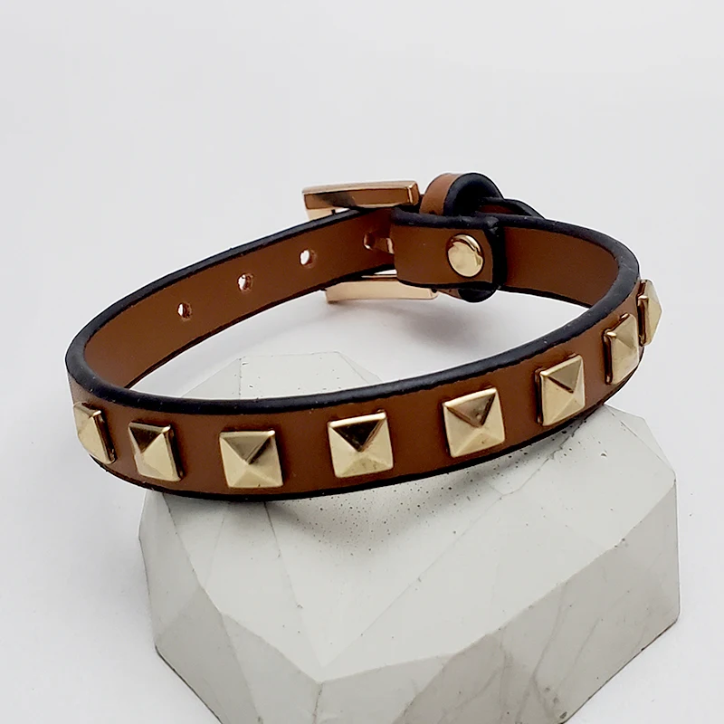 Bracelet Women Men Artificial Leather Wrap Stud/Rivets Fashion Color Charm Bracelets Gold Square Rivets Punk Style Bangle