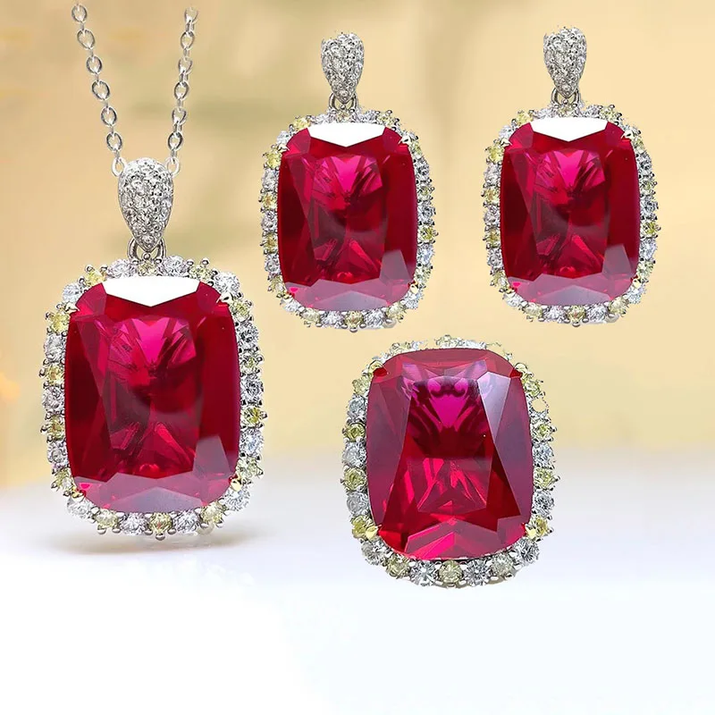 

European and American Luxury Ruby Red Corundum Jewelry Sets Pendant Necklaces Drop Earrings Banquet Wedding Rings For Women