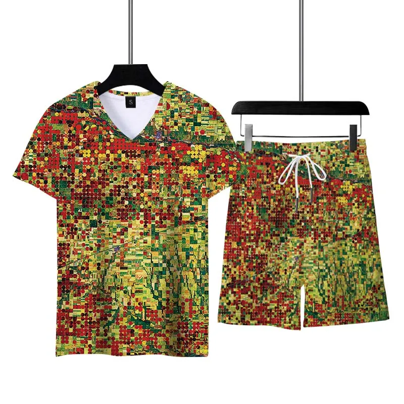 Summer Men's Tracksuit Casual Short Sleeve 3D Print Harajuku Outfit V- Neck Men Clothing T-shirt Plus Size Comfortable Top