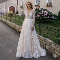 a line v neck full sleeve lace appliques tulle floor length wedding dress open back sweep train bride gowns 2022 custom made
