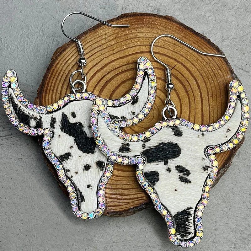 

Steer Clear Cow Print Bull Earrings Cowhide Steer Bull Head Western Hair on Hide Longhorn Rhinestone Earrings Cowgirl Gift for H