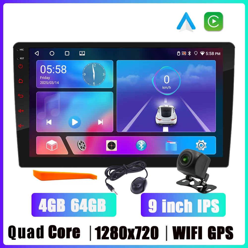 

Автомагнитола BQCC 2DIN 9-дюймовая, Восьмиядерная, Android, С Wi-Fi, GPS, 4G, Carplay, Mirrorlink, Универсальная, 6 ГБ ОЗУ