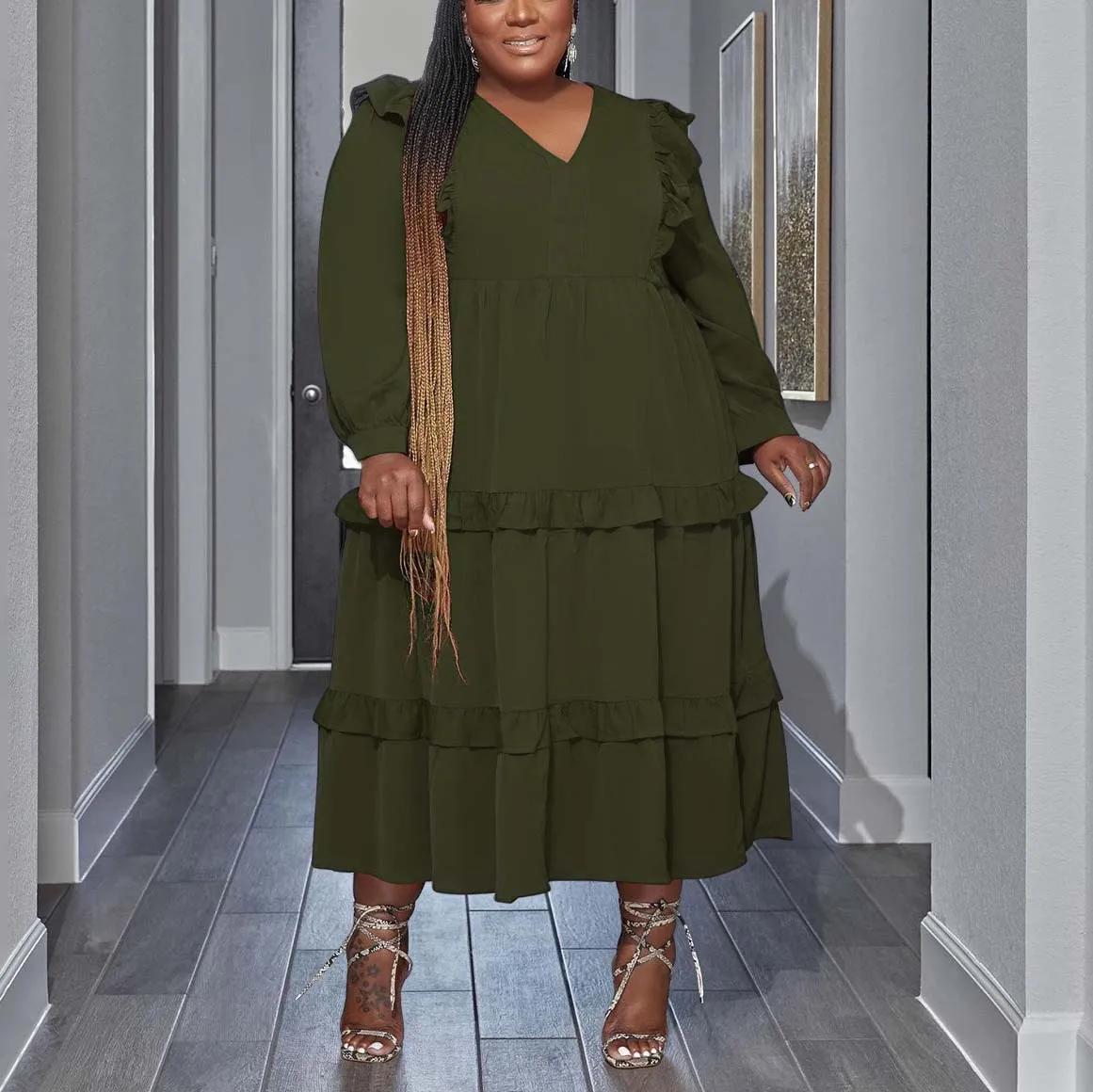 Plus Size Dresses for Women 3XL 4XL Loose Full Sleeve Solid Pullovers Mid Calf Elegant Evening Party Dinner Vestidos Mujer Dress