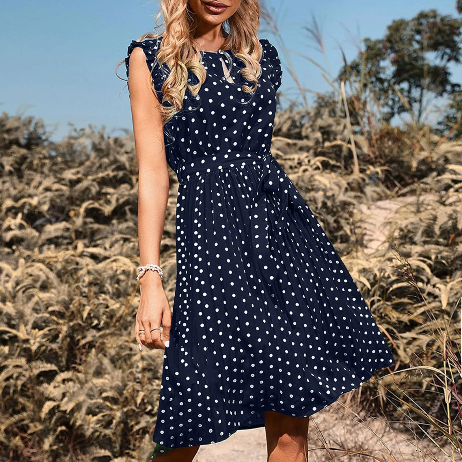 

Women Midi Summer Dresses Casual V Neck Swing Dot Ruffle Sleeveless A Line Beach Sun Dress Cute Sundresses for Women