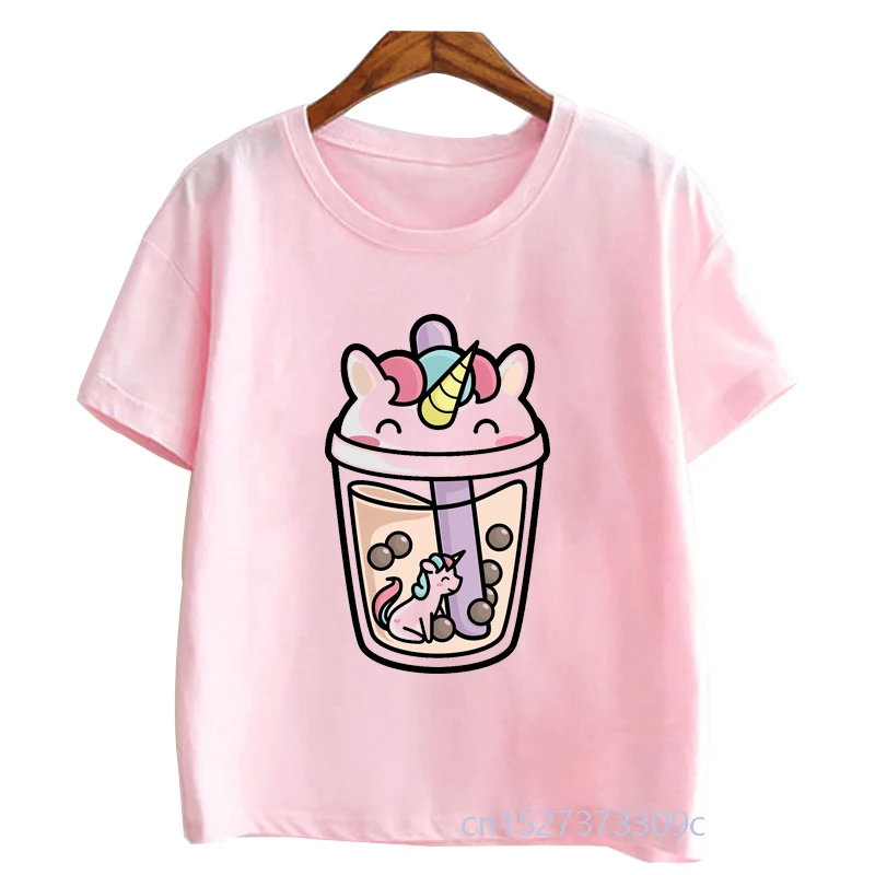 

Детская футболка с изображением чайного пузыря и милого единорога, кошки, панды внутри, розовые футболки для девочек, забавные повседневные футболки с изображением животных, детские топы