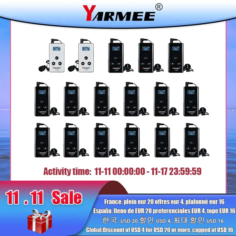 

Беспроводная аудиосистема YARMEE, 2 передатчика + 15 приемников с микрофоном, наушники для путешествий, инспекции фабрики