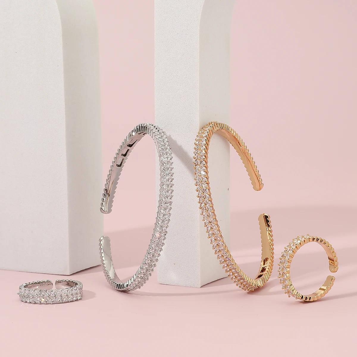 Модный умный Браслет-Багет с кубическим цирконием AAA и кольцо геометрический